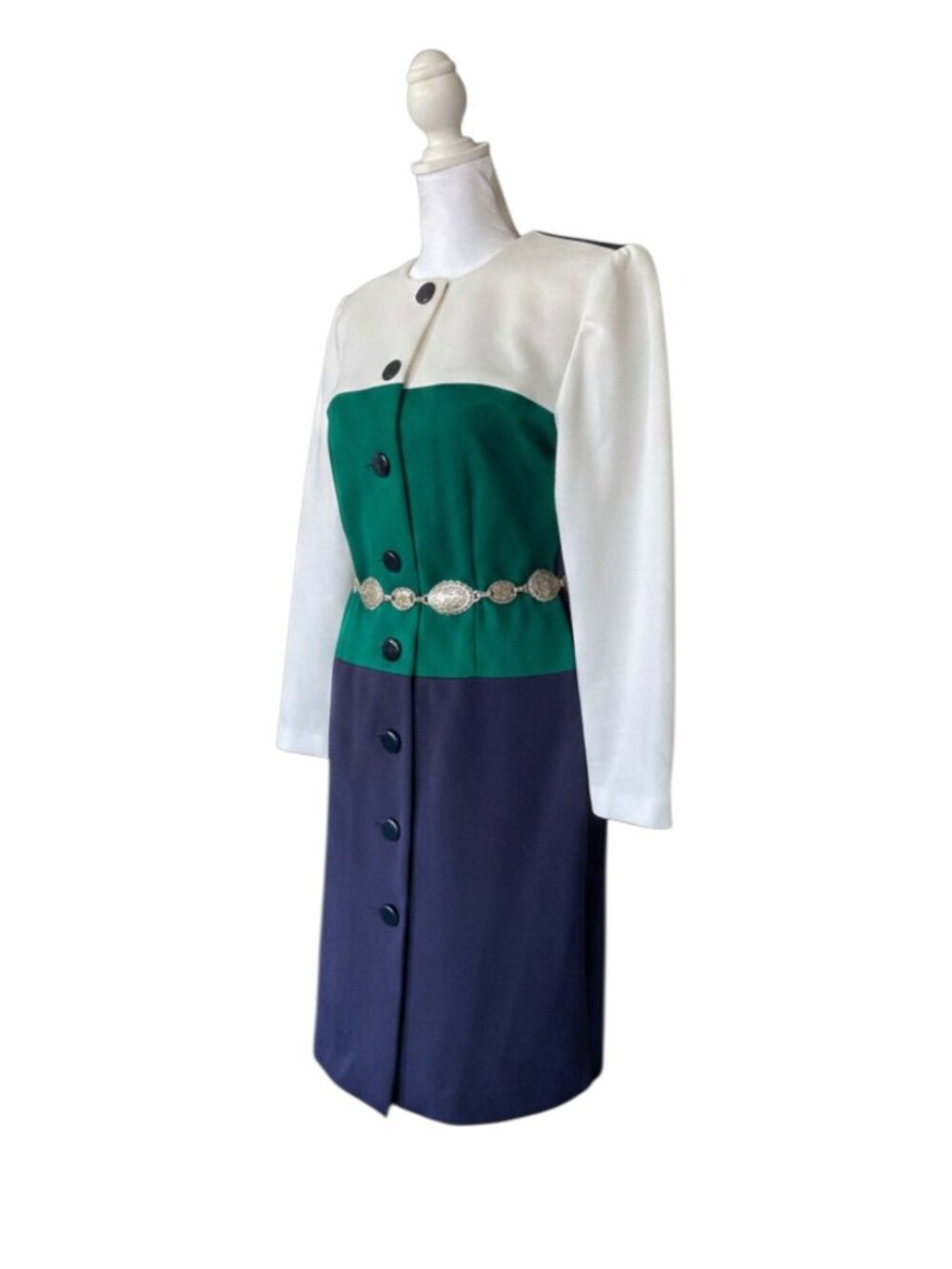 Vintage Leslie Fay 80s Colorblock Button Front Dress - Navy, Green, White - 10P
